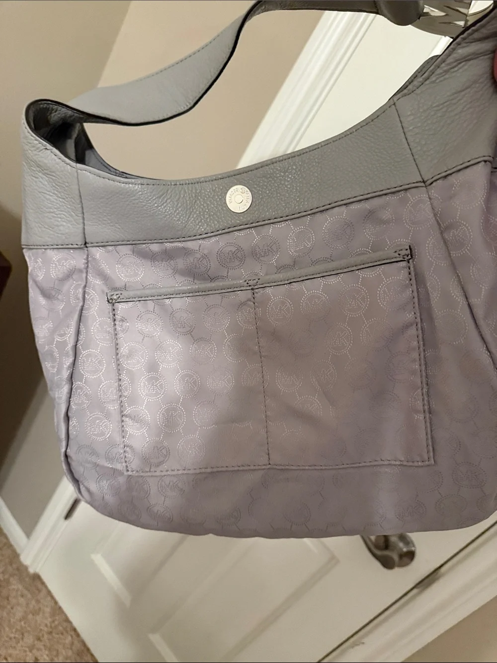 Michael Kors Light Gray Leather Hobo Bag with MK Emblem